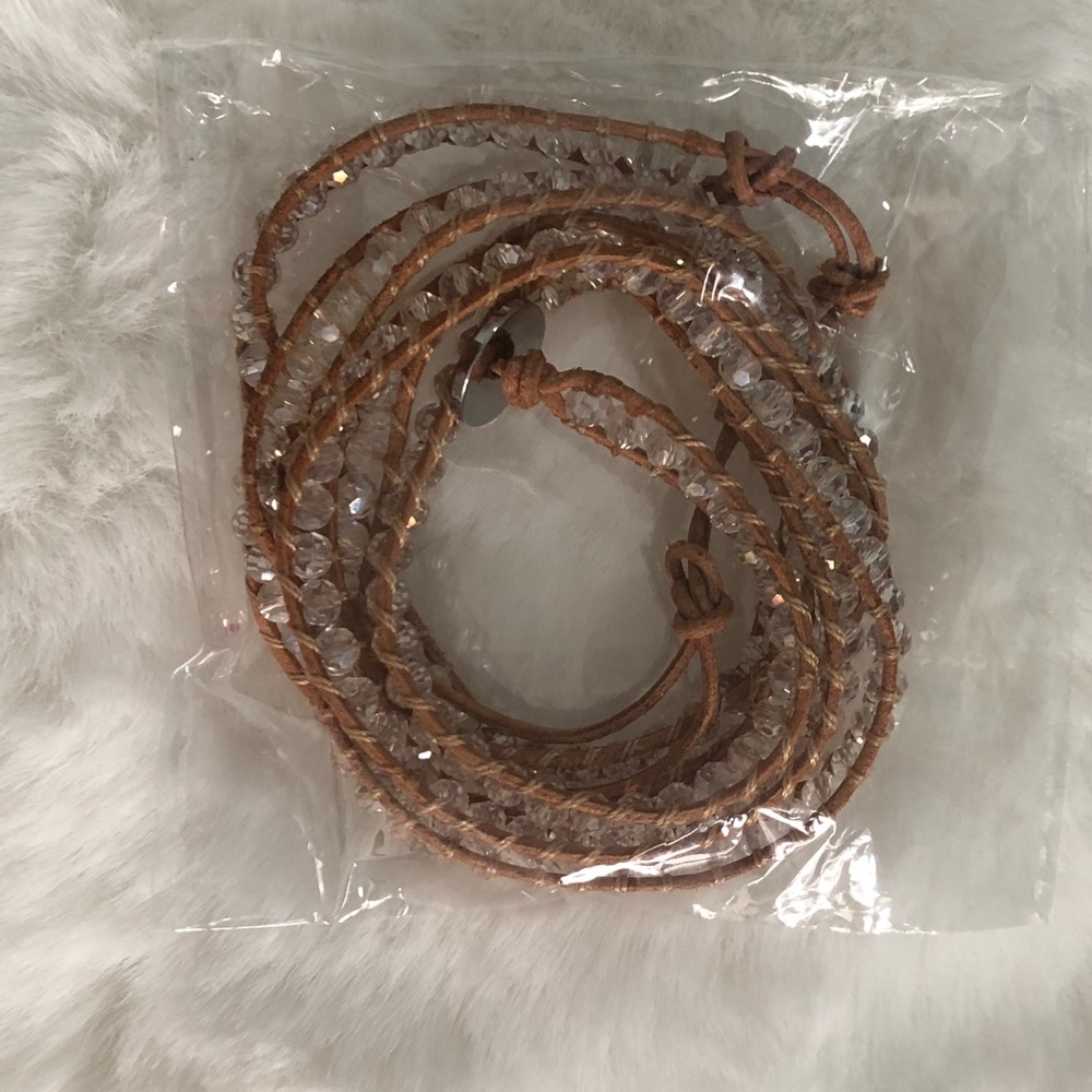 NWOT Victoria Emerson White Crystal/Tan Leather Wrap Bracelet